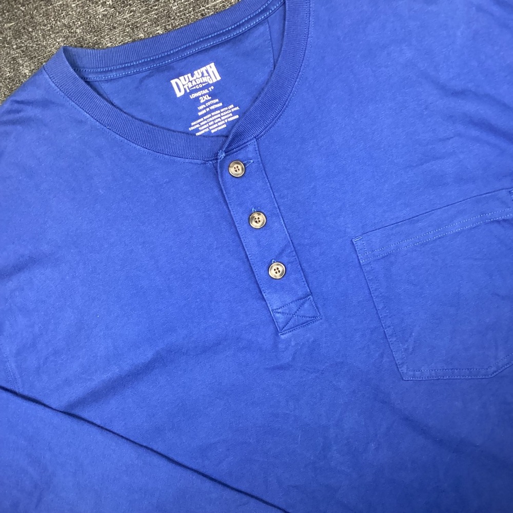 Duluth Trading Co Longtail T Henley Mens 2XL Blue Long Sleeve Pocket Tee 270